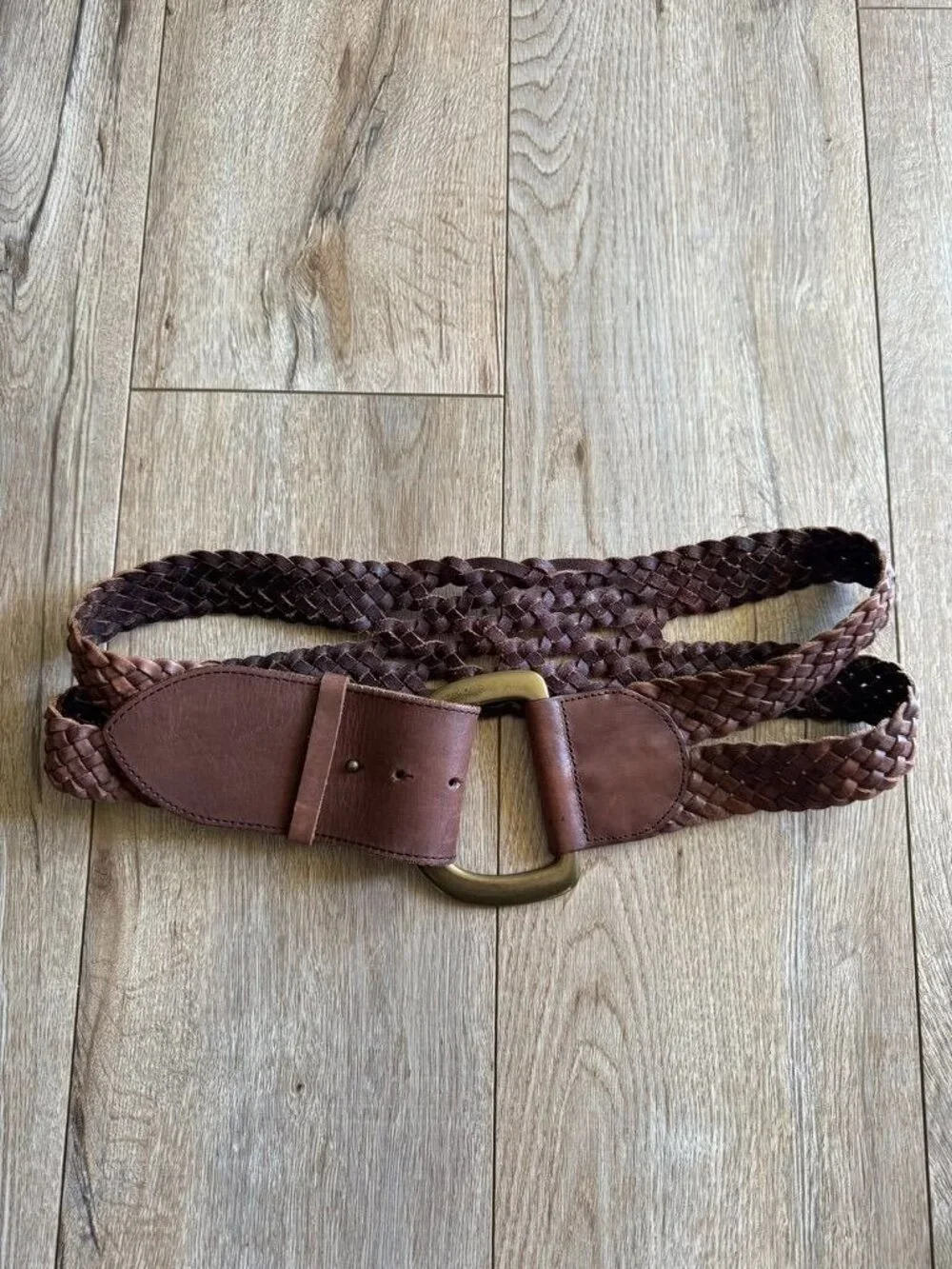 Y2K Vintage Linea Pella Large Brass Buckle Woven Brown Leather Hip Belt Small